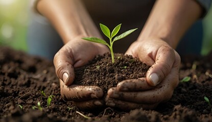 a hand that is caring for a small plant in the soil that it is holding