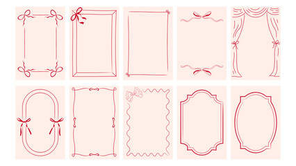 Rectangular frames with bows and ribbons in coquette, retro and nostalgic styles