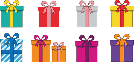 Vector Collection of Eight Colorful Gift Boxes and Presents with Ribbons and Bows, Featuring Stripes and Patterns, Ideal for Holidays, Birthdays, Celebration, and Shopping Graphics