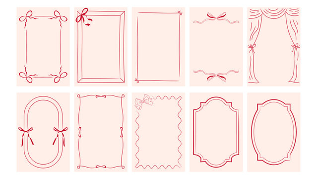 Rectangular frames with bows and ribbons in coquette, retro and nostalgic styles