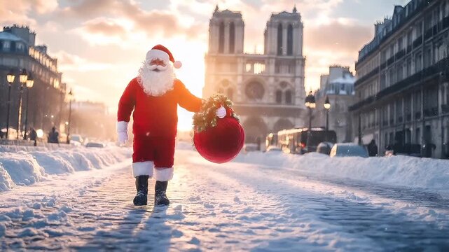 Winter holiday celebration concept. Christmas New Year. Santa Claus in Paris during winter.