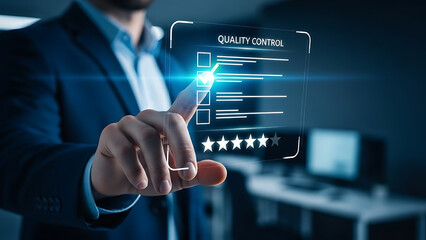 A businessman s hand points to a glowing virtual interface displaying  Quality Control  text, a checked checklist, and a five-star rating, signifying business standards and assessment.