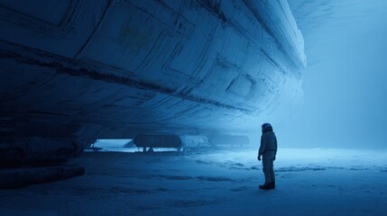 Person Standing Near Large Iceberg in Cold Arctic Environment During Snowstorm