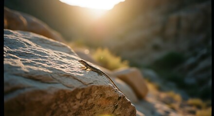 Small lizard basking on a textured rock during golden hour sunset.