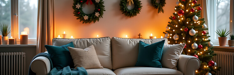 warm inviting christmas living room captured cozy wide shot showcasing plush sofa beneath beautifully decorated tree