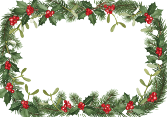 watercolor illustration, wet-on-wet technique, showing a lush christmas botanical garland of red holly and green fir forming a border on a transparent background. classic christmas concept