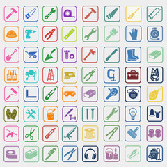 Flat Construction and Carpentry Tools Icon Set: Hammer, Saw, Drill, Wrench, and Safety Equipment Collection.