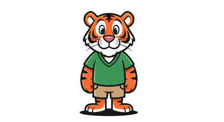 Cartoon tiger character wearing green shirt and shorts standing upright.