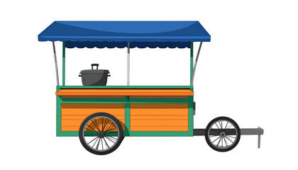 A vibrant food cart with a blue awning and wheels, displaying a pot