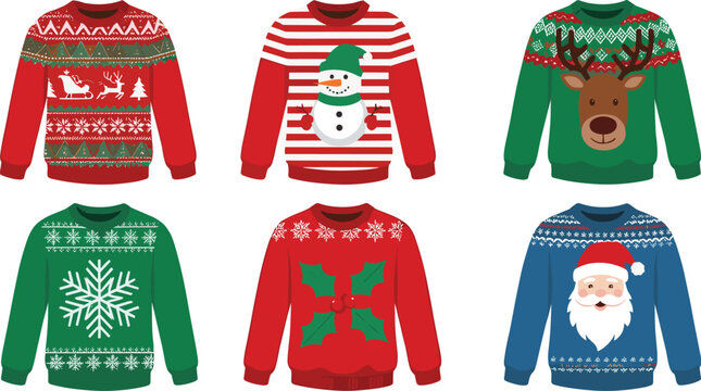 A collection of six colorful ugly Christmas sweaters in flat vector design featuring festive patterns of a reindeer, snowman, Santa Claus, and snowflakes for holiday parties