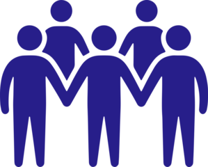Group of people holding hands together a blue graphic silhouette