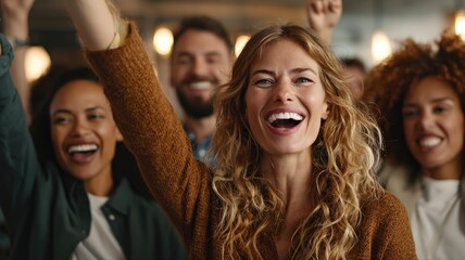 full shot, multi-ethnic team celebrating a successful project launch in a contemporary office lounge, genuine joy and laughter, warm ambient lighting, dynamic composition, diverse representation