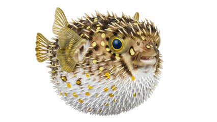 Isolated, inflated pufferfish from the front with sharp spines, a tan color and yellow spots © Johanna