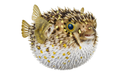 Isolated, inflated pufferfish from the front with sharp spines, a tan color and yellow spots