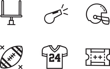 A collection of simple outline vector icons representing various elements and equipment associated with American football, ideal for sports-themed designs.