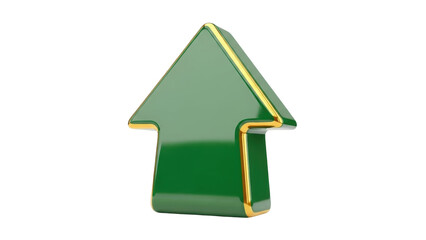 Isolated upwards direction arrow, pointing up to success, green color, gold trim, glossy rendering