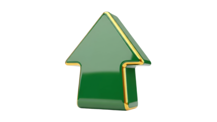 Isolated upwards direction arrow, pointing up to success, green color, gold trim, glossy rendering