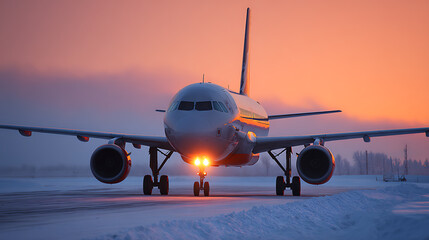 Naklejka premium Front view of passenger plane at sunrise on a snow covered runway, illuminated with orange glow. The plane is stationary, poised for take off against a backdrop of orange sky.