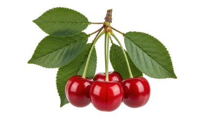 Isolated Fresh Cherry Bunch with Leaves, Ripe Red Fruits on Stems, Healthy Summer Sweet Treat