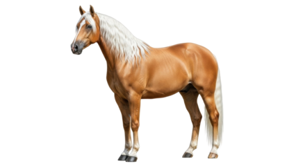 Isolated golden horse posing for camera, muscular build, strong equine animal portrait