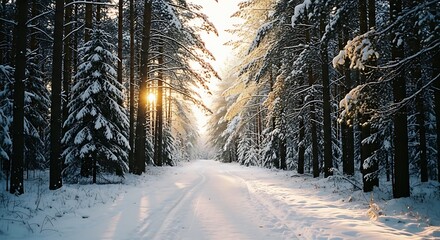 Snowy Forest Path Bathed in Golden Sunlight.