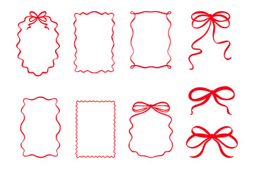 Whimsical coquette style set with red ribbon bows, wavy frames, hand-drawn borders and vintage doodles, vector illustration