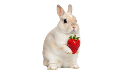 Isolated rabbit holding ripe red strawberry for a healthy snack, animal health concept