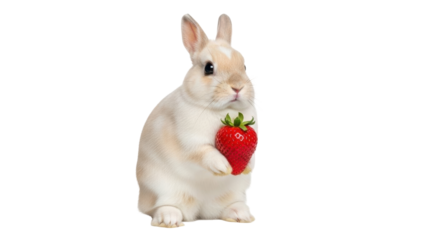 Isolated rabbit holding ripe red strawberry for a healthy snack, animal health concept