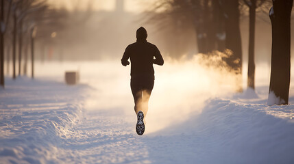 Silhouette of a person running on a snowy path with trees and a golden, misty background, demonstrating winter fitness and determination in cold weather conditions.