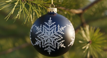 A close-up shot of a glossy black ornament adorned with a snowflake design. The ornament hangs delicately from a festive Christmas tree, the branches framing it with a soft, warm ambiance. 