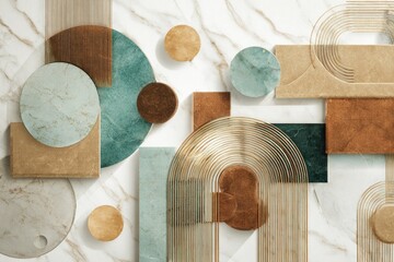 Abstract shapes in earth tones on a white marble background, creating a modern and sophisticated composition