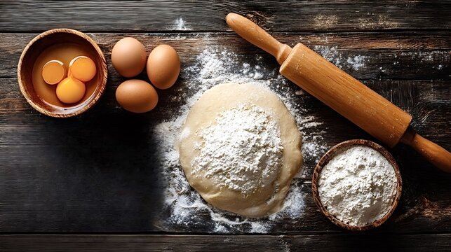 Ready to bake dough in the center on a rustic wooden table, surrounded by baking ingredients including eggs, flour in a bowl, and a wooden rolling pin, representing home baking and food preparation - Powered by Adobe