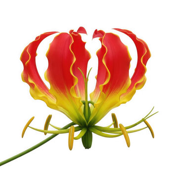 Gloriosa superba (flame lily), red-yellow curling petals, tropical vine