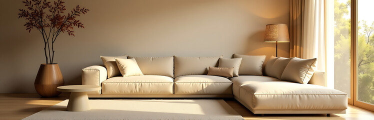 warm golden light bathes serene living room beige brown tones blending soft focus natural textures sculptural accents