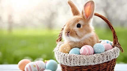 Happy easter cute bunny in the basket in the flower garden and colorful easter eggs all over the place against the clear blue sky