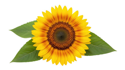 Naklejka premium Isolated sunflower head with leaves, autumn plant with yellow and orange petals, floral blossom