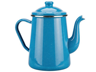 Isolated blue speckled enamel teapot with lid, handle, and spout on no background