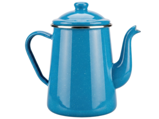 Isolated blue speckled enamel teapot with lid, handle, and spout on no background