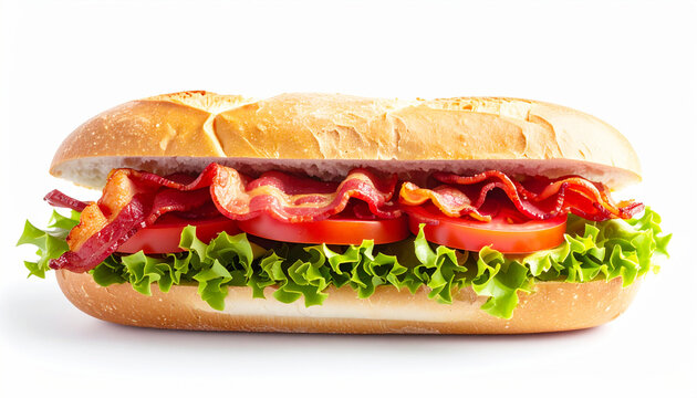 BLT sub sandwich with, bacon, lettuce and tomato, white background. AI