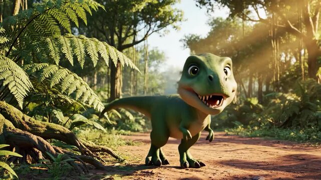 A cute, cartoon-style baby Tyrannosaurus Rex smiles on a sunny jungle path. The green dinosaur character is rendered realistically in a prehistoric forest setting.
