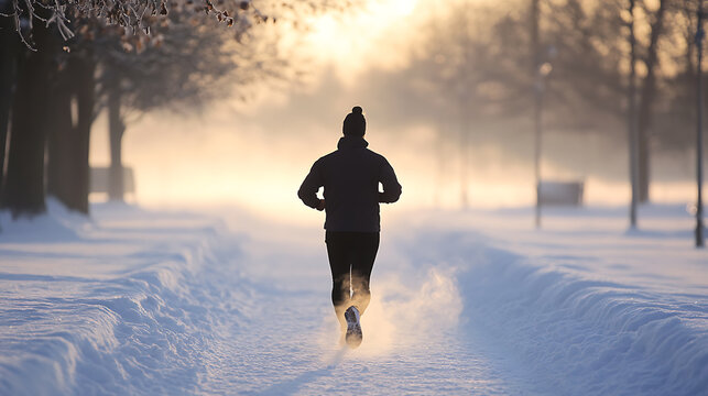 Lone runner braves the frosty air, a silhouette against the winter sunrise. Snowy path, trees, and mist create a serene yet challenging landscape. A personal journey through the snow. - Powered by Adobe