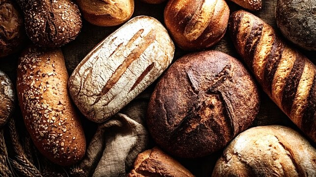 Rustic collection of various artisanal bread loaves featuring different shapes, textures, and grains, resting on a dark surface and linen cloth with wheat stalks - Powered by Adobe