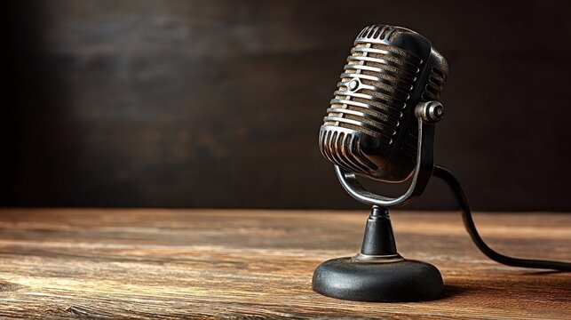Retro style microphone on a rustic wooden table, embodying concepts of audio recording, podcasting, broadcasting, and vintage entertainment with ample copy space