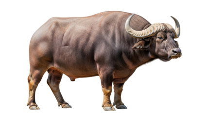 Isolated Asian Water Buffalo standing in full profile with textured horns and muscular body