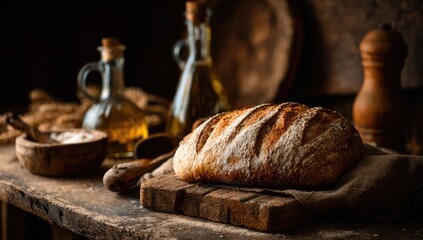 Loaf of bread, bottles of oil, and flour on a wooden table in rustic setting