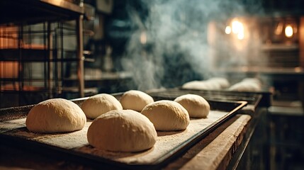 Round bread dough balls are rising on a baking sheet, showing a traditional artisan process of preparing fresh baked goods in a warm, steaming atmosphere with an oven in the background