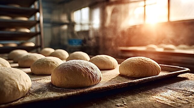 Rising raw dough loaves on baking trays in a warm commercial bakery, bathed in morning sunlight, ready for the oven during artisan production and preparation - Powered by Adobe