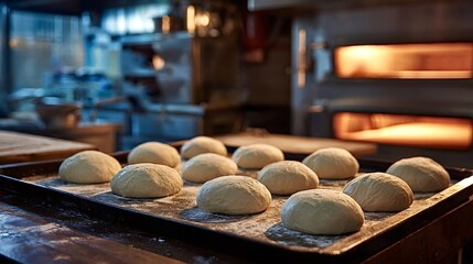 Freshly prepared bread dough portions arranged on a baking sheet, ready for baking in a commercial oven, showing the pre baking stage of artisan bread production