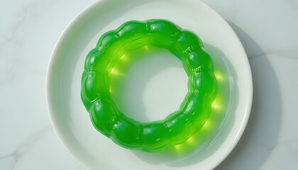 Vibrant green jello ring on a plain white ceramic plate.
