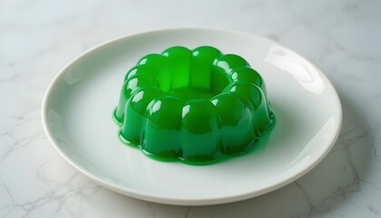 Vibrant green jello ring on a plain white ceramic plate.